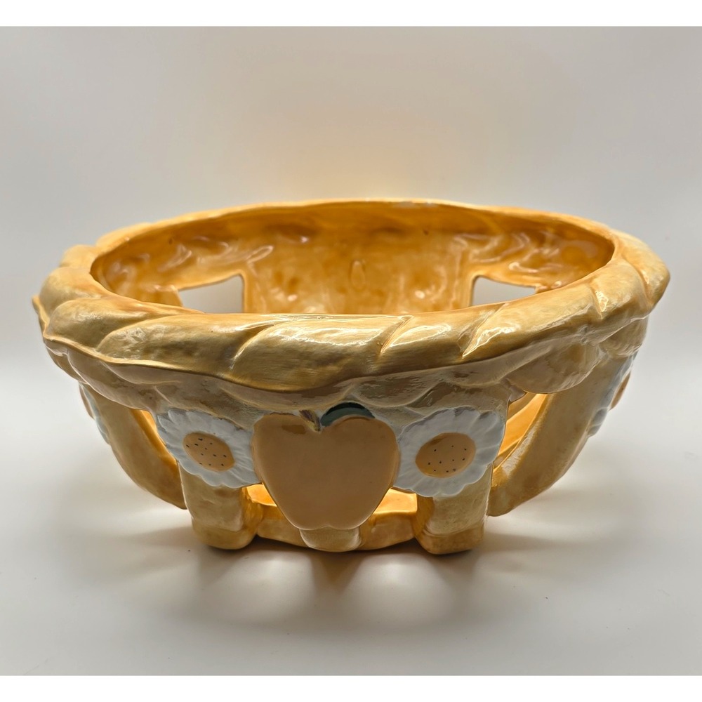 Tan & White Glossy Ceramic Lattice Floral Round Decorative Bowl